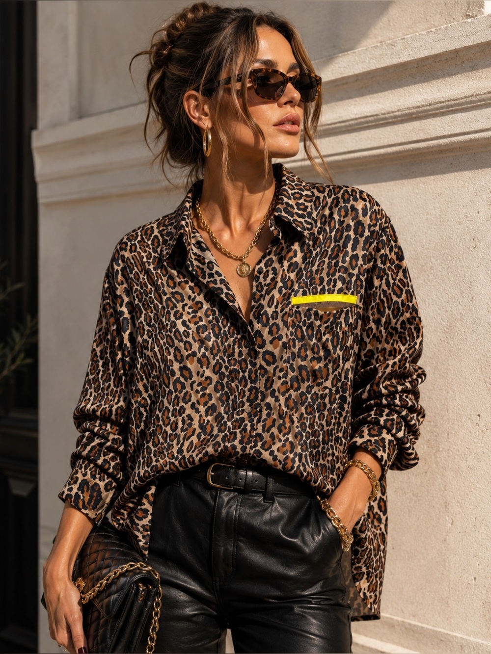 Le Superbe Future Ex Boyfriend Shirt Women 8 Leopard Print Neon Button Up Top